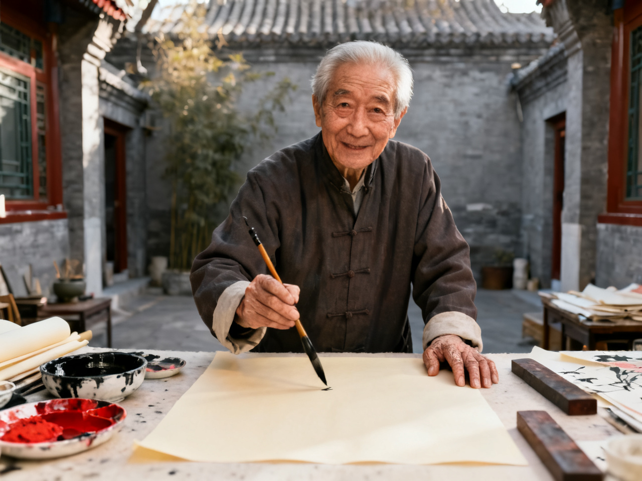 A Beijing brush-painting master at work in his courtyard studio