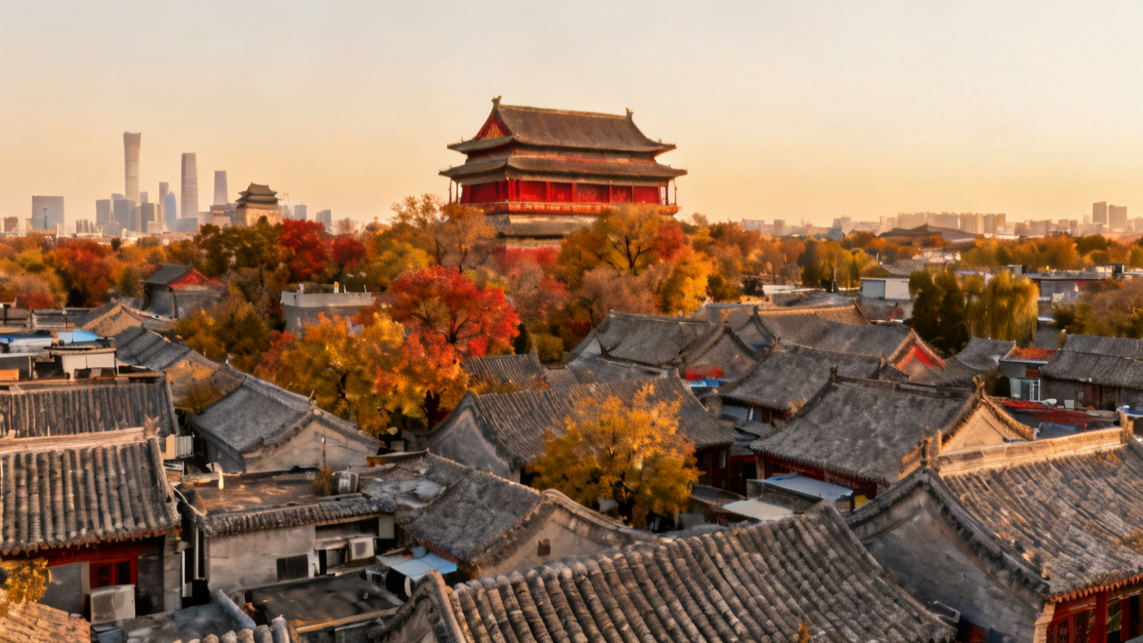 Beijing hutong rooftops and the Drum Tower at golden hour, with the modern skyline beyond