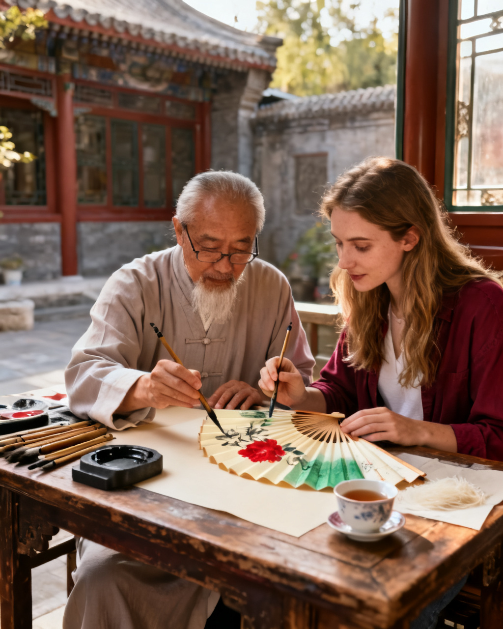 A Beijing brush master guiding a traveler painting a folding silk fan in a courtyard