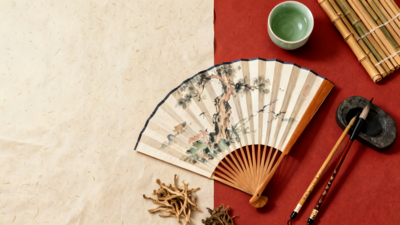 Chinese cultural objects — a painted fan, brushes, a tea cup and herbs — on rice paper